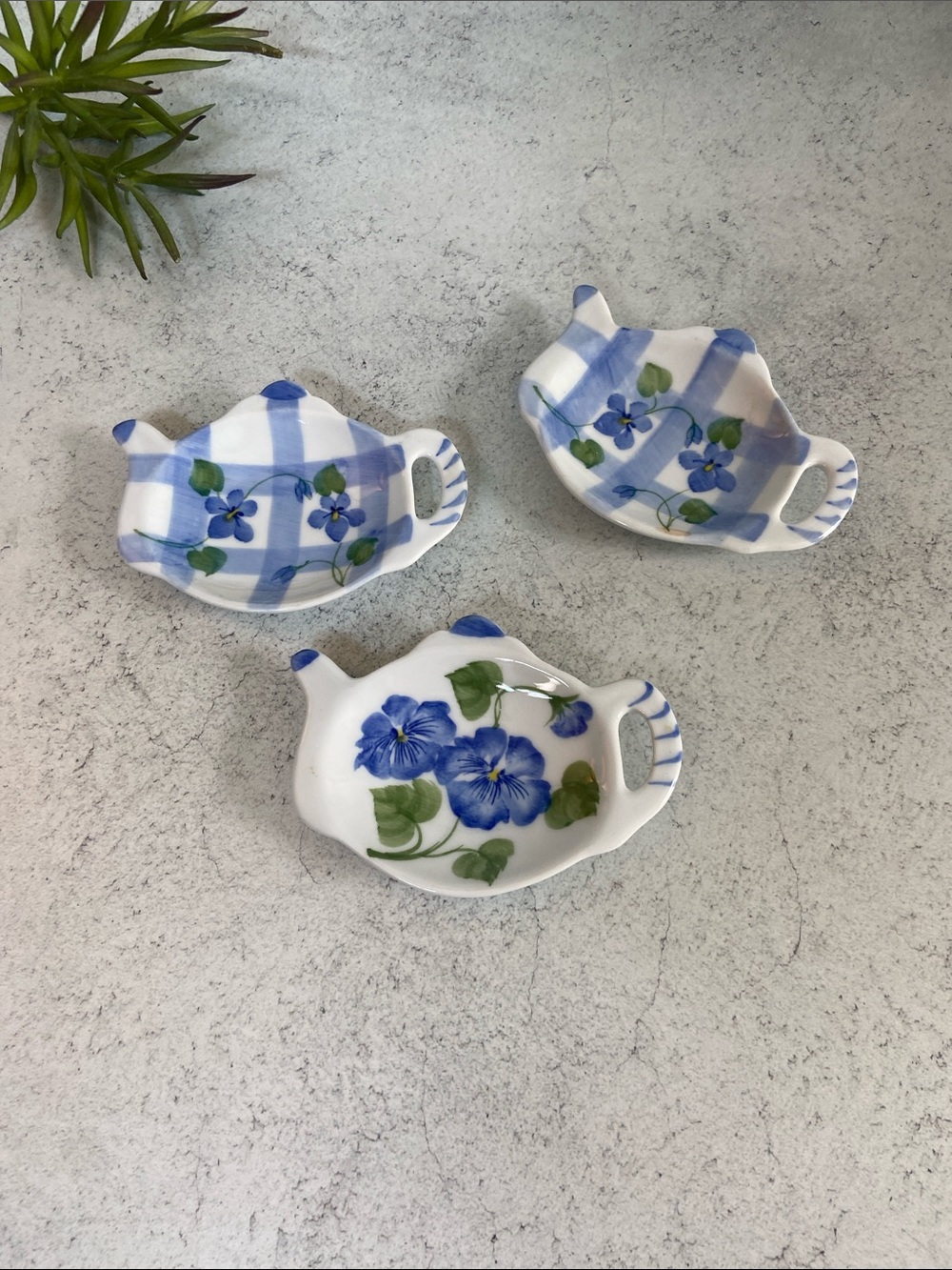 Vintage Floral Tea Bag Holders Spoon Rest Set of 3 Blue Violet Cottagecore Home